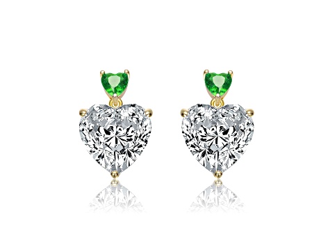 14k Gold Plated over Sterling Silver with Green Color Cubic Zirconia Two-Stone Heart Dangle Earrings