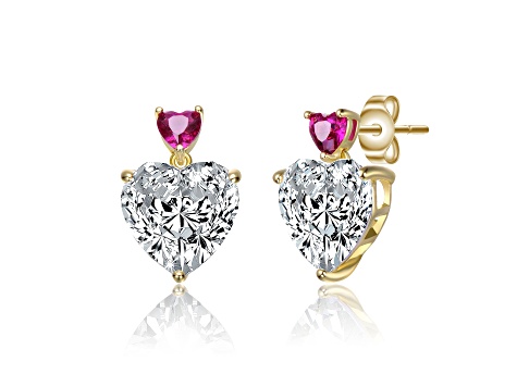 14k Gold Plated over Sterling Silver with Red Color Cubic Zirconia Two-Stone Heart Dangle Earrings