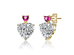 Red Color Cubic Zirconia, 14k Gold Plated over Sterling Silver Two-Stone Heart Dangle Earrings