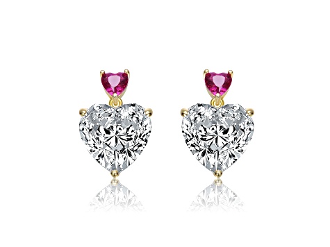 14k Gold Plated over Sterling Silver with Red Color Cubic Zirconia Two-Stone Heart Dangle Earrings