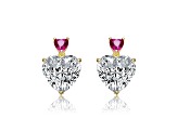 14k Gold Plated over Sterling Silver with Red Color Cubic Zirconia Two-Stone Heart Dangle Earrings