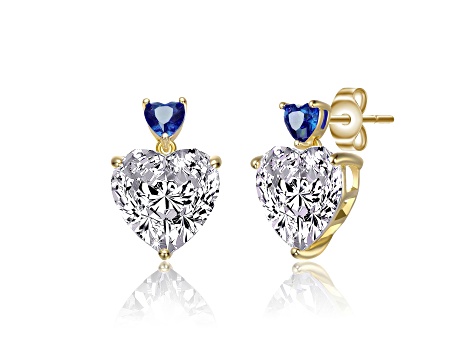 14k Gold Plated over Sterling Silver with Blue Color Cubic Zirconia Two-Stone Heart Dangle Earrings