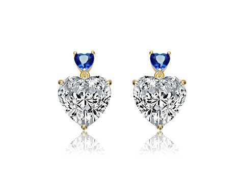 14k Gold Plated over Sterling Silver with Blue Color Cubic Zirconia Two-Stone Heart Dangle Earrings