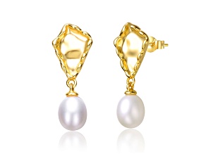 White Freshwater Pearl, 14K Yellow Gold Plated over Sterling Silver Nugget Dangle Earrings