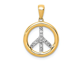 14k Yellow Gold and Rhodium Over 14k Yellow Gold Diamond Peace Sign Pendant