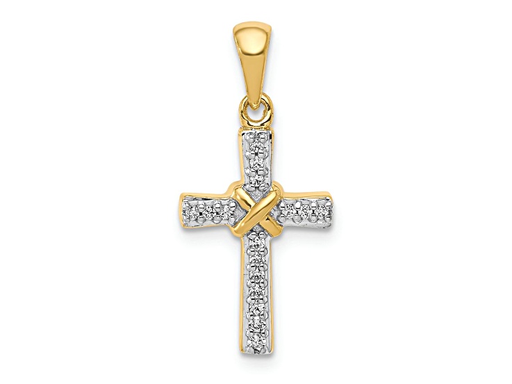 10k Yellow Gold and Rhodium Over 10k Yellow Gold Diamond Latin Cross Pendant