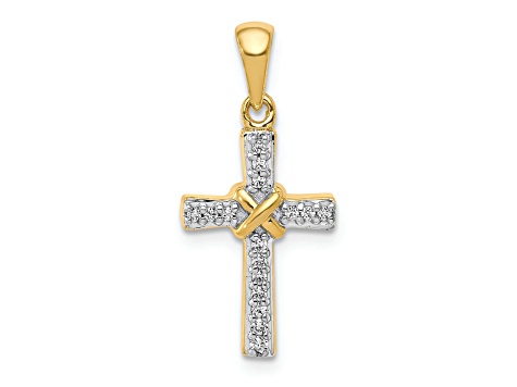 10k Yellow Gold and Rhodium Over 10k Yellow Gold Diamond Latin Cross Pendant
