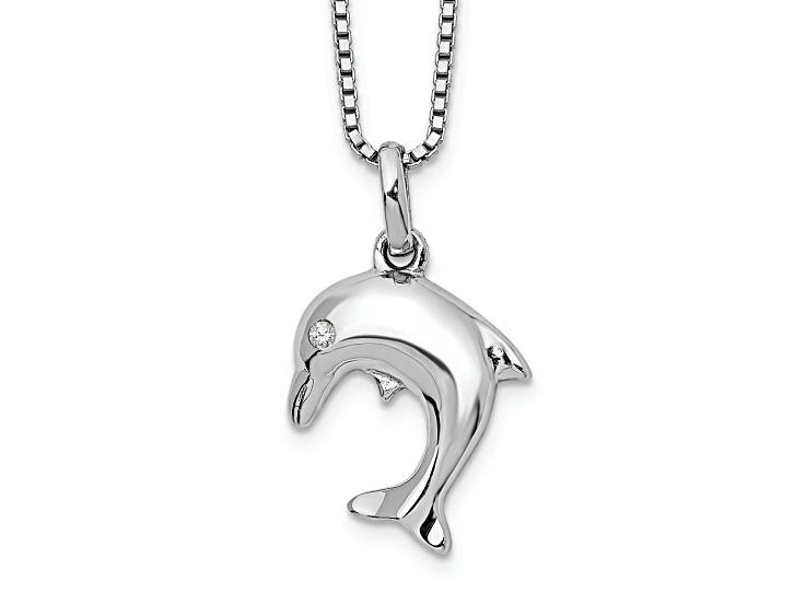 Rhodium Over Sterling Silver White Ice 0.02 cttw Diamond Dolphin Necklace