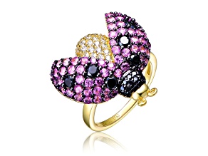 14k Yellow Gold and Black Plated over Brass with Multi Colored Cubic Zirconia Beetle Ring