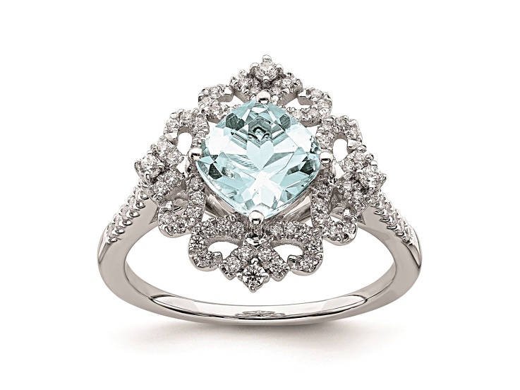 Rhodium Over 14K White Gold Aquamarine Vintage Diamond Halo Engagement Ring