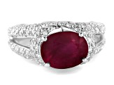 Oval Red Ruby and White Diamond 18K White Gold Ring. 4.28 CTW