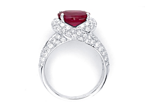 Oval Red Ruby and White Diamond 18K White Gold Ring. 4.28 CTW