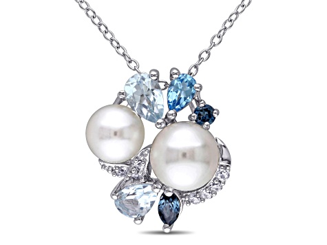 Freshwater Cultured Pearl, Blue Topaz and Created Sapphire Pendant with Chain in Sterling Silver