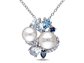 Freshwater Cultured Pearl, Blue Topaz and Created Sapphire Pendant with Chain in Sterling Silver