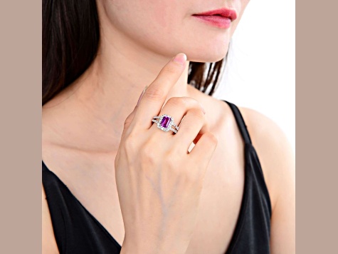 Lab Created Purple Sapphire and White Topaz Sterling Silver Halo with Split Shank Ring, 2.96ctw