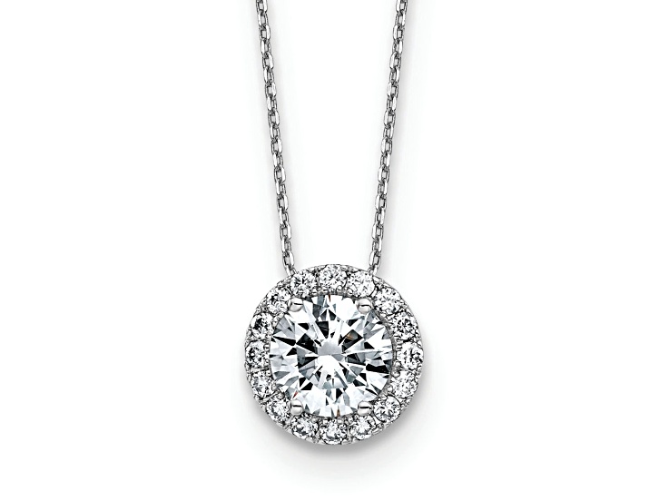 Rhodium Over 14k White Gold Round Halo D E F Pure Light Moissanite Pendant with Chain