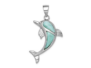 Rhodium Over Sterling Silver Larimar Dolphin Pendant