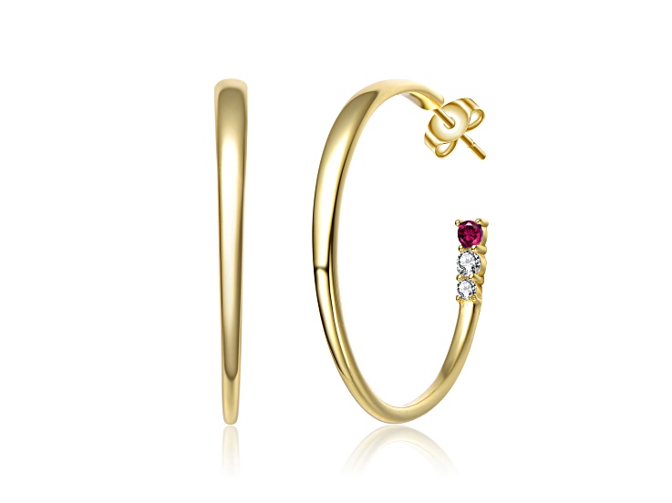 Red & Clear Cubic Zirconia, 14k Gold Over Sterling Silver with 3-Stone C-Hoop Earrings