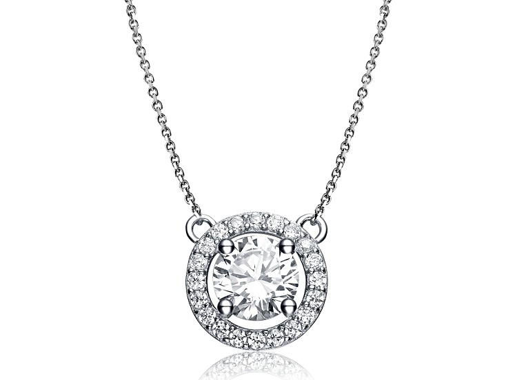 Clear Cubic Zirconia, Rhodium Plated over Brass Round solitaire Necklace