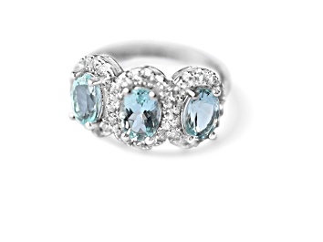 Picture of Rhodium Over Sterling Silver Oval Aquamarine and White Zircon Ring 2.01ctw