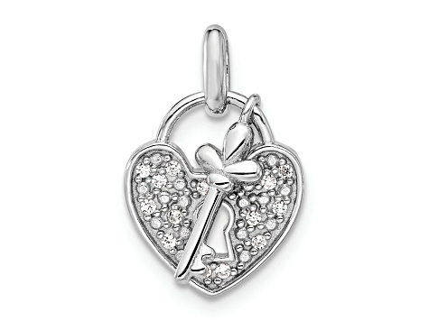 Rhodium Over Sterling Silver Cubic Zirconia Key and Heart Pendant