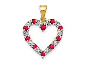 10k Yellow Gold and Rhodium Over 10k Yellow Gold Diamond and 0.5 cttw Ruby Heart Pendant
