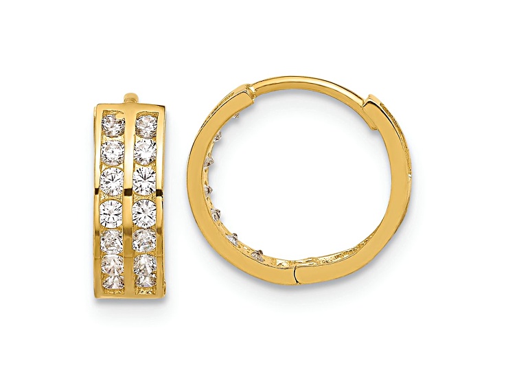 14k Yellow Gold Polished 7/16" Two Row Cubic Zirconia Hinged Hoop Earrings