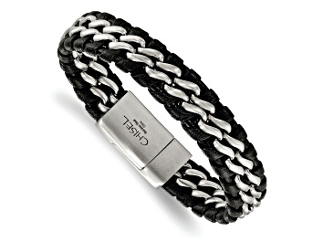 Picture of Black Leather and Stainless Steel Brushed 8.5-inch Bracelet