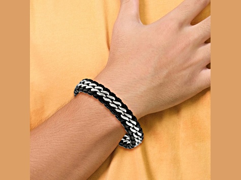 Black Leather and Stainless Steel Brushed 8.5-inch Bracelet