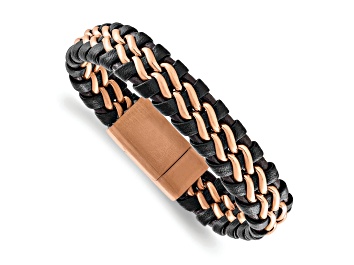 Picture of Brown Leather and Stainless Steel Brushed Rose IP-plated 8.5-inch Bracelet