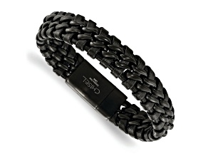 Black Leather and Stainless Steel Brushed Black IP-plated 8.5-inch Bracelet