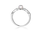 Freshwater Pearl with Moissanite Accents Rhodium Over Sterling Silver Ring