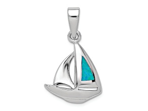 Rhodium Over Sterling Silver Blue Inlay Lab Created Opal Sailboat Pendant
