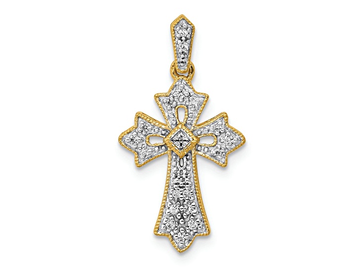 10k Yellow Gold and Rhodium Over 10k Yellow Gold 0.10 cttw Diamond Fancy Cross Pendant