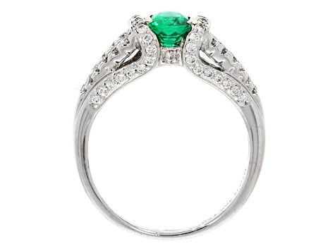 Oval Green Emerald and White Diamond 18K White Gold Ring. 1.32 CTW