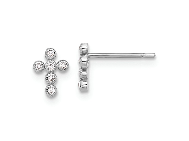 Rhodium Over 10k White Gold Polished Cubic Zirconia Cross Stud Earrings