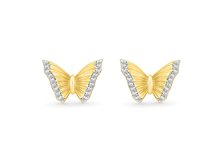 White Diamond 10k Yellow Gold Butterfly Stud Earrings 0.10ctw