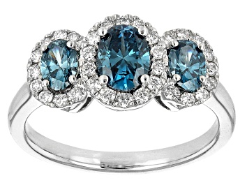 Picture of Blue And White Lab-Grown Diamond 14k White Gold 3-Stone Halo Ring 1.40ctw
