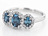 Blue And White Lab-Grown Diamond 14k White Gold 3-Stone Halo Ring 1.40ctw