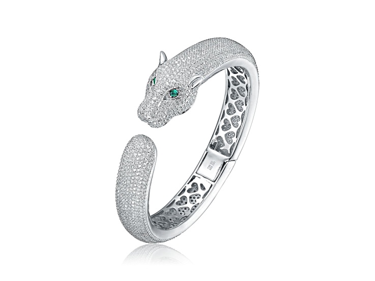 Green Color Cubic Zirconia, Rhodium Plated over Sterling Silver Hinged Cuff Bracelet