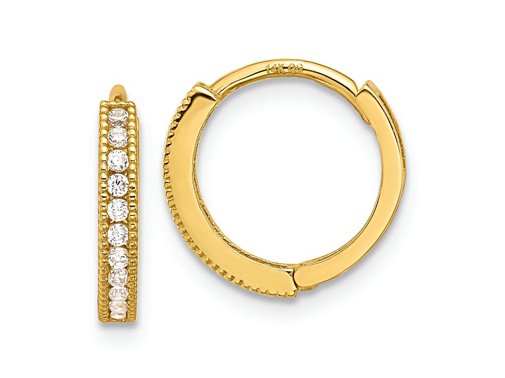 14k Yellow Gold Polished and Textured Cubic Zirconia 1/2" Hinged Huggie Hoop Earrings