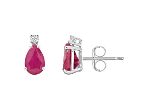 7x5mm Pear Shape Ruby with Diamond Accents 14k White Gold Stud Earrings