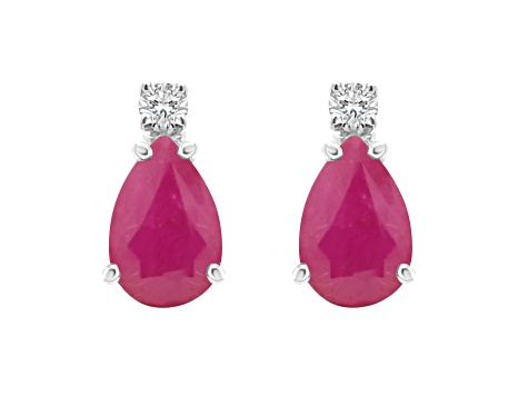 7x5mm Pear Shape Ruby with Diamond Accents 14k White Gold Stud Earrings