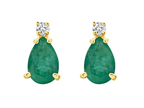 7x5mm Pear Shape Emerald with Diamond Accents 14k Yellow Gold Stud Earrings