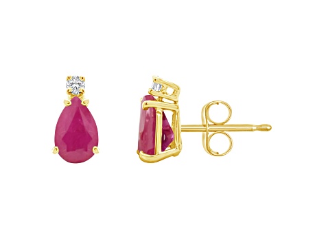 7x5mm Pear Shape Ruby with Diamond Accents 14k Yellow Gold Stud Earrings