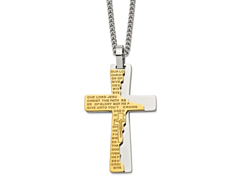 Stainless Steel Polished Yellow IP-plated Etched Broken Prayer Cross 24-inch Necklace