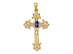 10k Yellow Gold Polished 0.27 cttw Oval Blue Tanzanite December Birthstone Cross Pendant