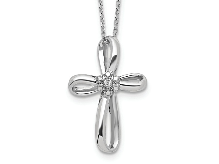 Rhodium Over Sterling Silver Cross Diamond Necklace
