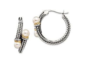 Sterling Silver Antiqued with 14K Accent 4mm Freshwater Cultured Pearl Hoop Earrings