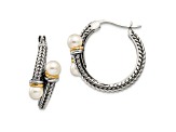 Sterling Silver Antiqued with 14K Accent 4mm Freshwater Cultured Pearl Hoop Earrings
